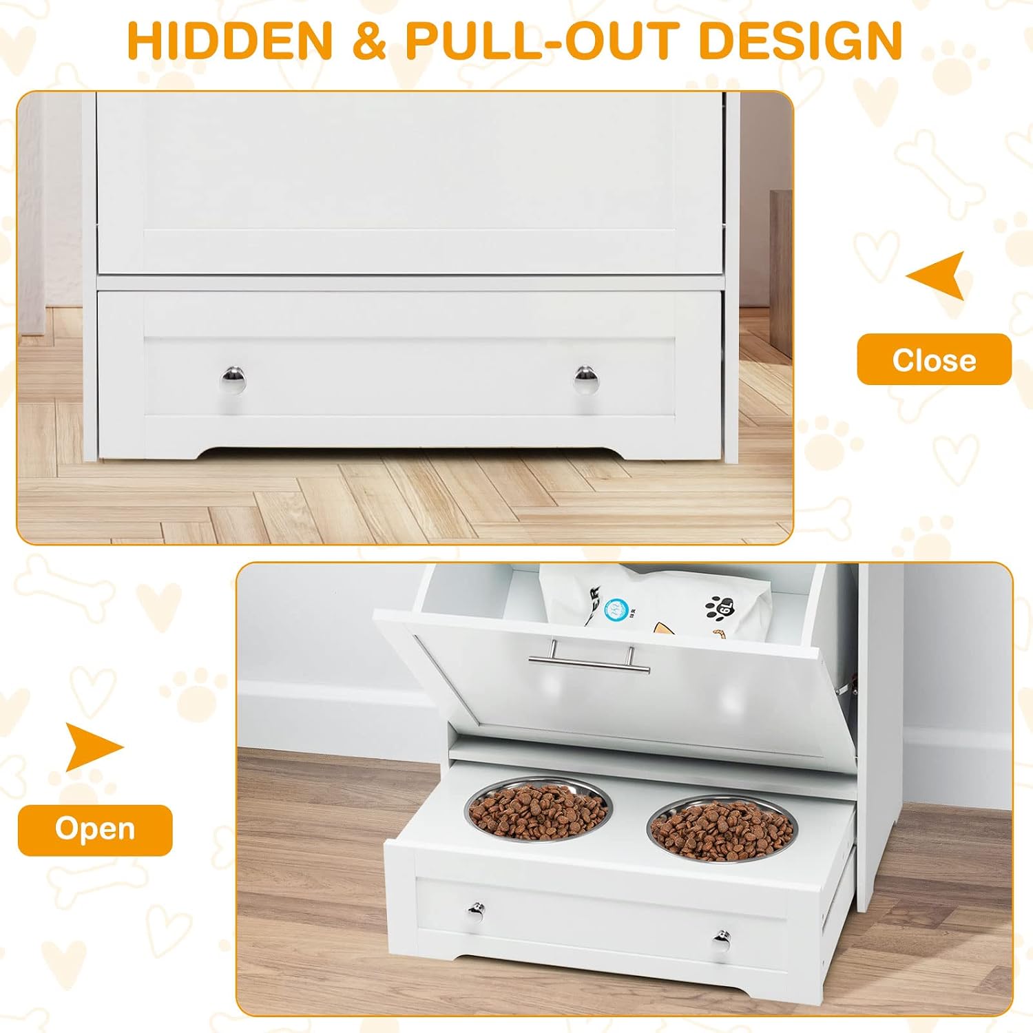 Tangkula Pet Feeder Station, Dog Food Storage Container with Double Pull Out Dog Bowls, Pet Food Toy Organizer Cabinet, Pet Feeding Station Furniture for Dogs Cats Feeding & Watering Supplies (White)