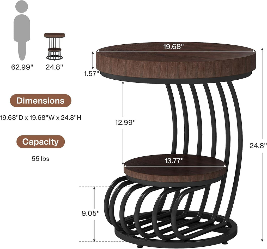 Tribesigns Round End Table Set of 2, 2-Tier Farmhose Wood Side Table with Shelf Storage, Small Sofa Side Bedside Nightstand, Accent Furniture for Living Room, Rustic Brown