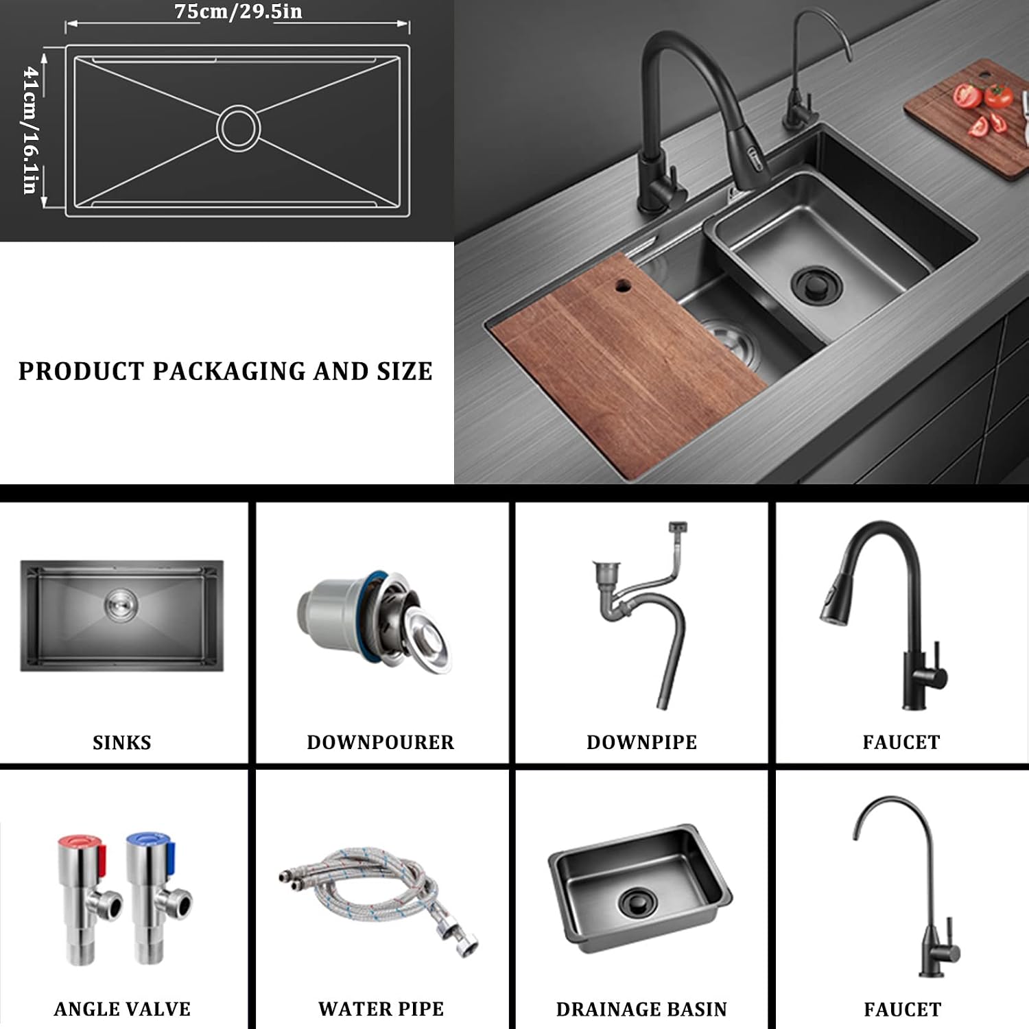 304 Stainless Steel Kitchen Sink Multifunctional Ladder Type Bar Sink Under Mount RV Sink Single Bowl Sink with Pull-Out Faucet and Drainage Cponents (Color : Black, Size : 75x41x21cm)