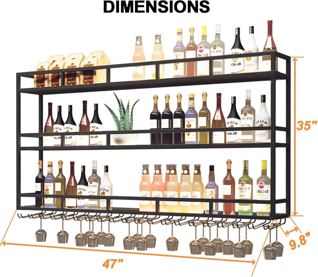 Large Heavy Duty 47in Wine Rack with LED Wall Mounted Bottle Glass Holder Under Shelf, 3-Tiers Liquor Floating Shelves Display Storage Organizer Hanging Long Stemware Goblet Metal for Home Bar