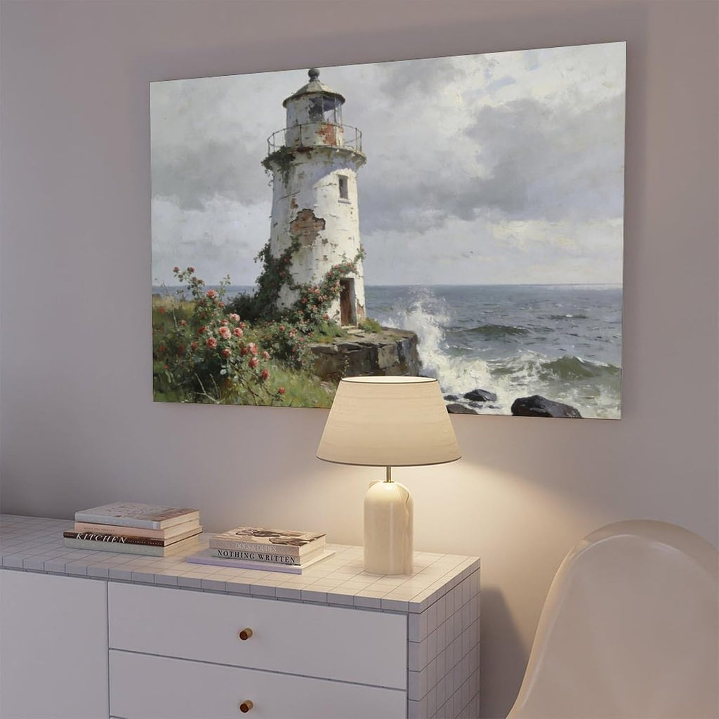 Frame Coastal Lighthouse Wall Art Poster Print, Vintage Rose Garden Seascape Painting, Nautical Ocean Waves Landscape Artwork Rustic Decor 24x36inch(60x90cm)