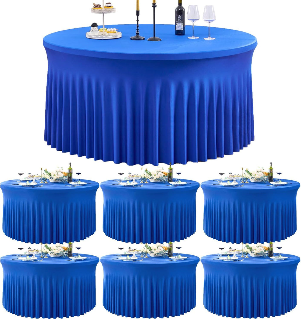 6 Pack Spandex Royal Blue Round Table Cloths for 60 inch Table, Wrinkle Free 120 inch Tablecloths Stretchy Round Tablecovers for Wedding Birthday Parties Banquet