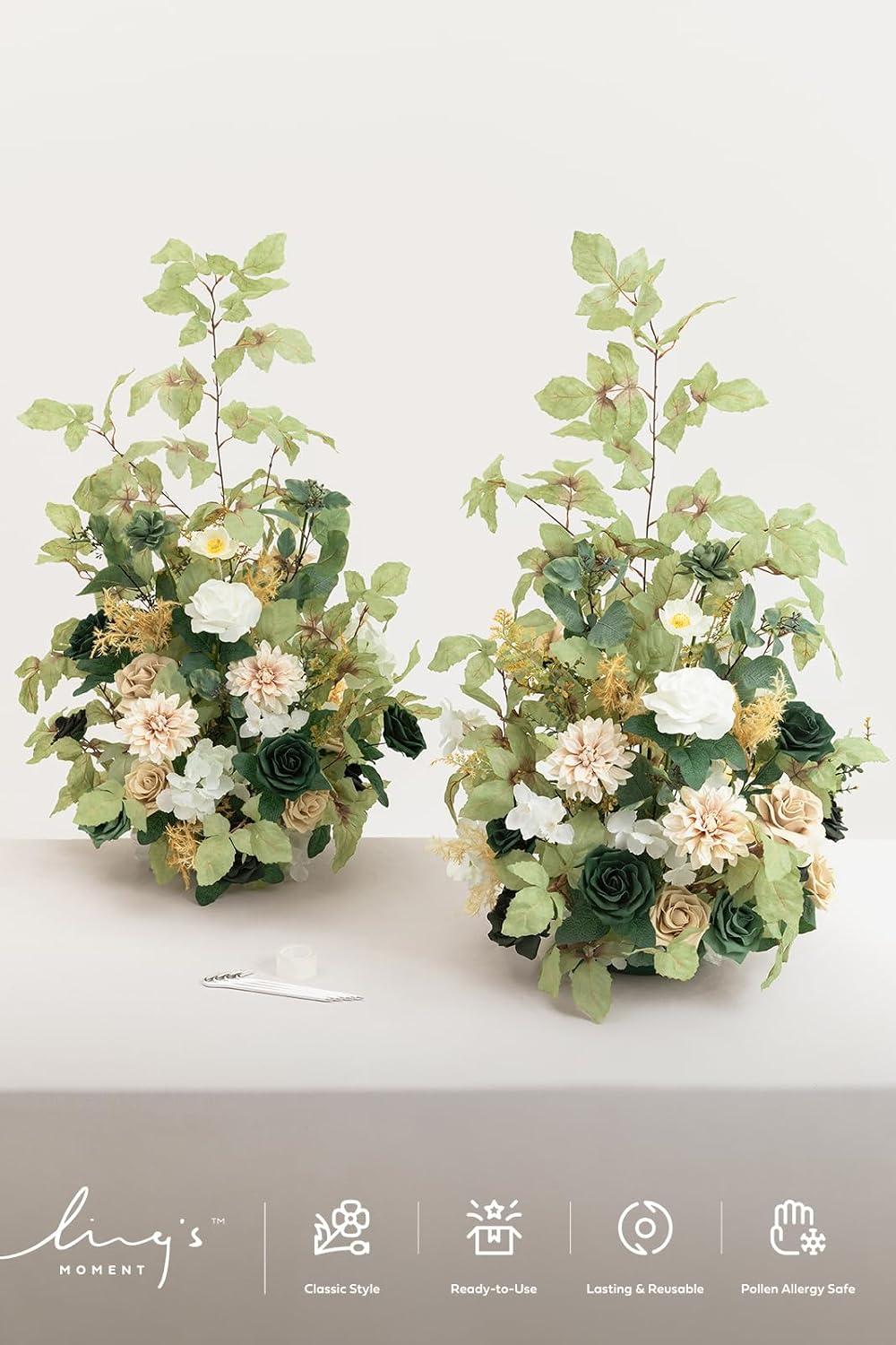 Ling's moment 41' Tall Free Standing Artificial Flowers Arrangements 2 pcs Wedding Arch Altar Stage Decorations Emerald & Tawny Beige Ceremony Reception Rose Fake Floral Party Centerpieces Decor