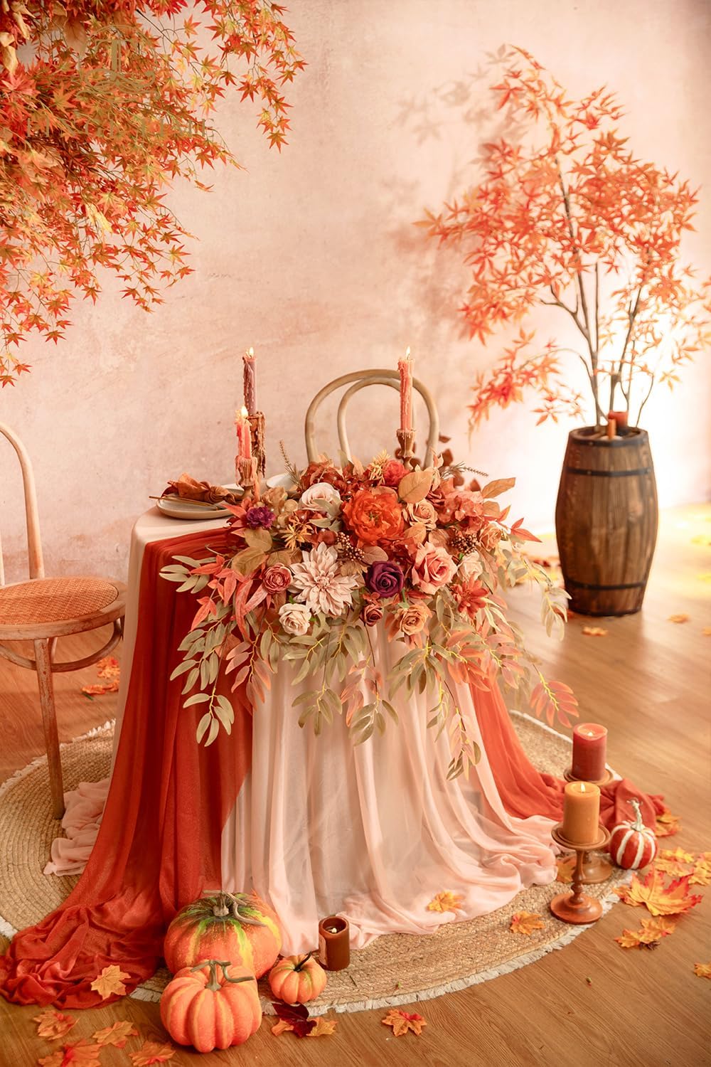 TINGE TIME Artificial Sweetheart Flower Swag with Tablecloth and Table Runner, Pack of 3 Floral Arrangement for Autumn Wedding Sweetheart Table Centerpiece Fall Decoration (Maple Red)
