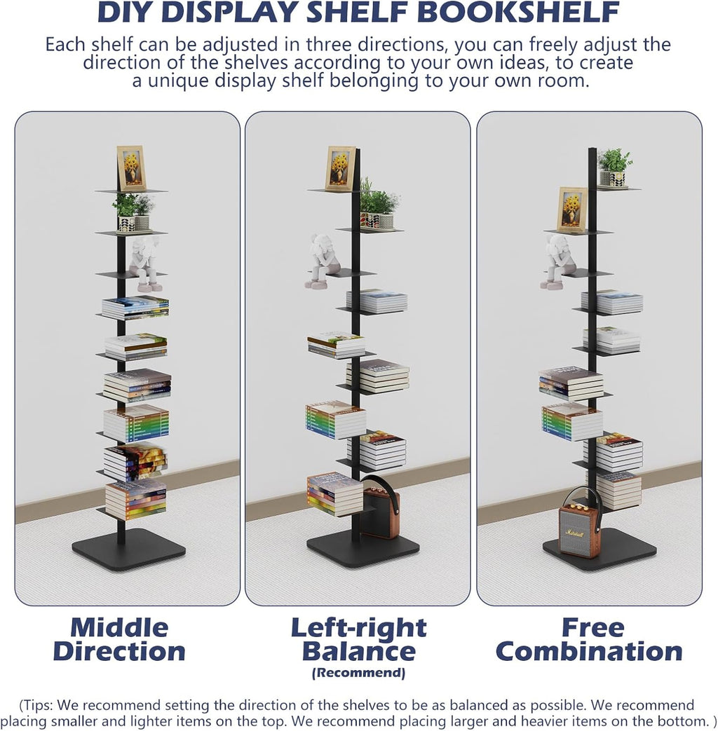 Choowin 9-Shelf Metal Spine Bookshelf Vertical Bookshelf, Adjustable Modern Floating Narrow Tree Book Shelf Book Tower, Display Shelf for Bedroom Living Room Office, 70 inch Tall, Black