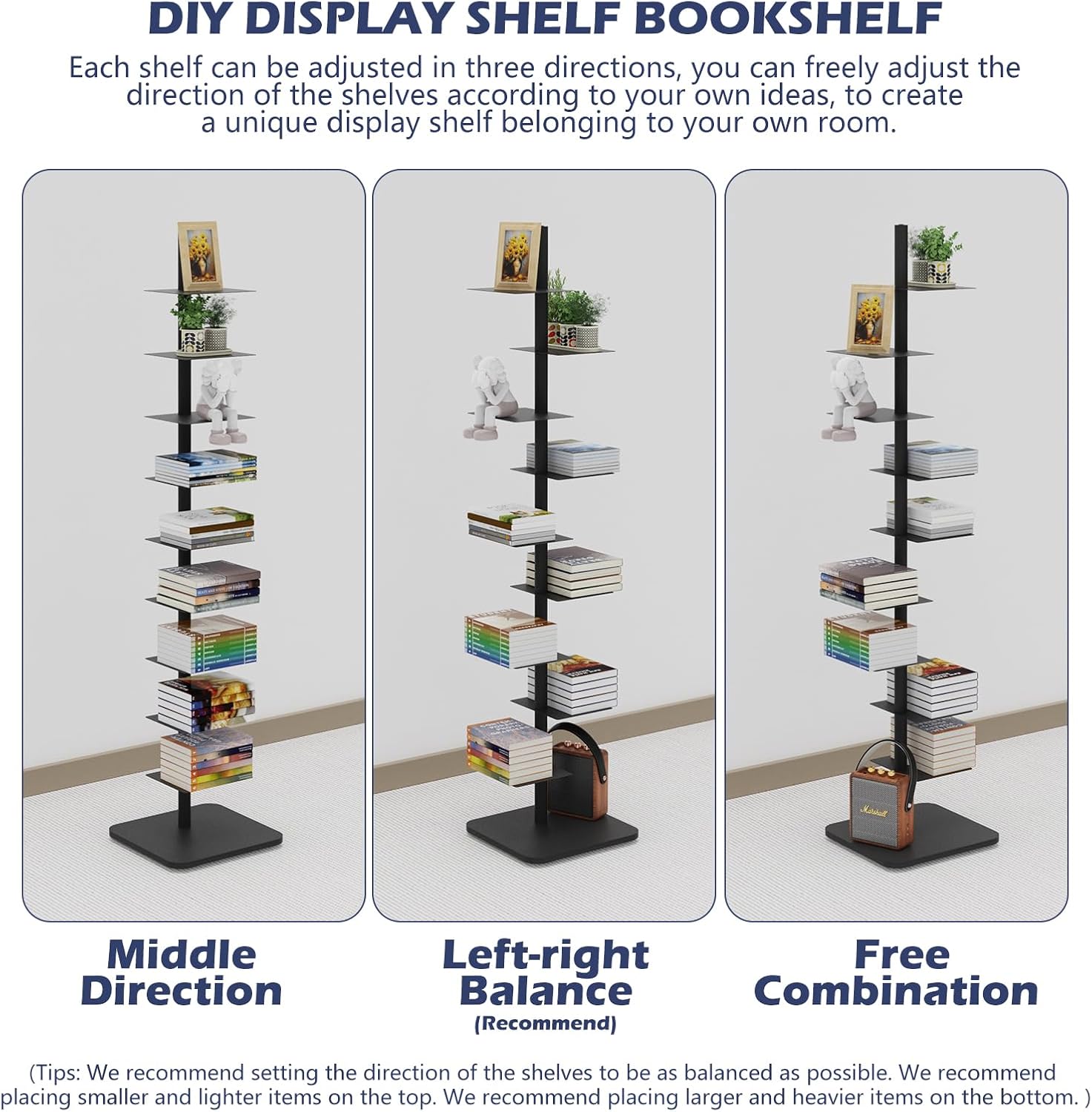 Choowin 9-Shelf Metal Spine Bookshelf Vertical Bookshelf, Adjustable Modern Floating Narrow Tree Book Shelf Book Tower, Display Shelf for Bedroom Living Room Office, 70 inch Tall, Black