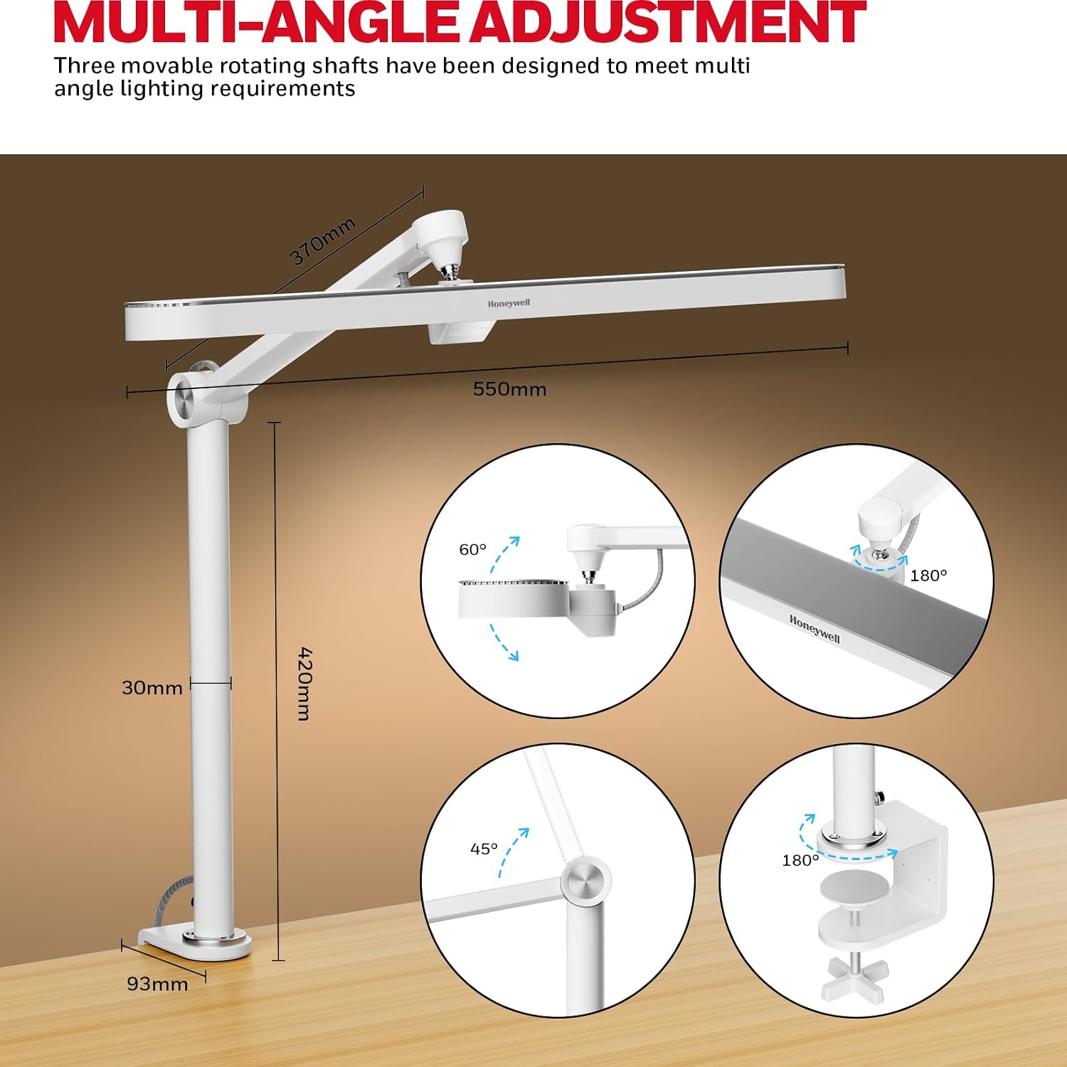 Honeywell LED Desk Lamp with Clamp - 05B02 Touch Control Sunturalux Natural Light Clip On Desk Light 4000K 1300LM Dimmable Eye Caring Table Lamp Full Metal Desk Lamps for Home Office