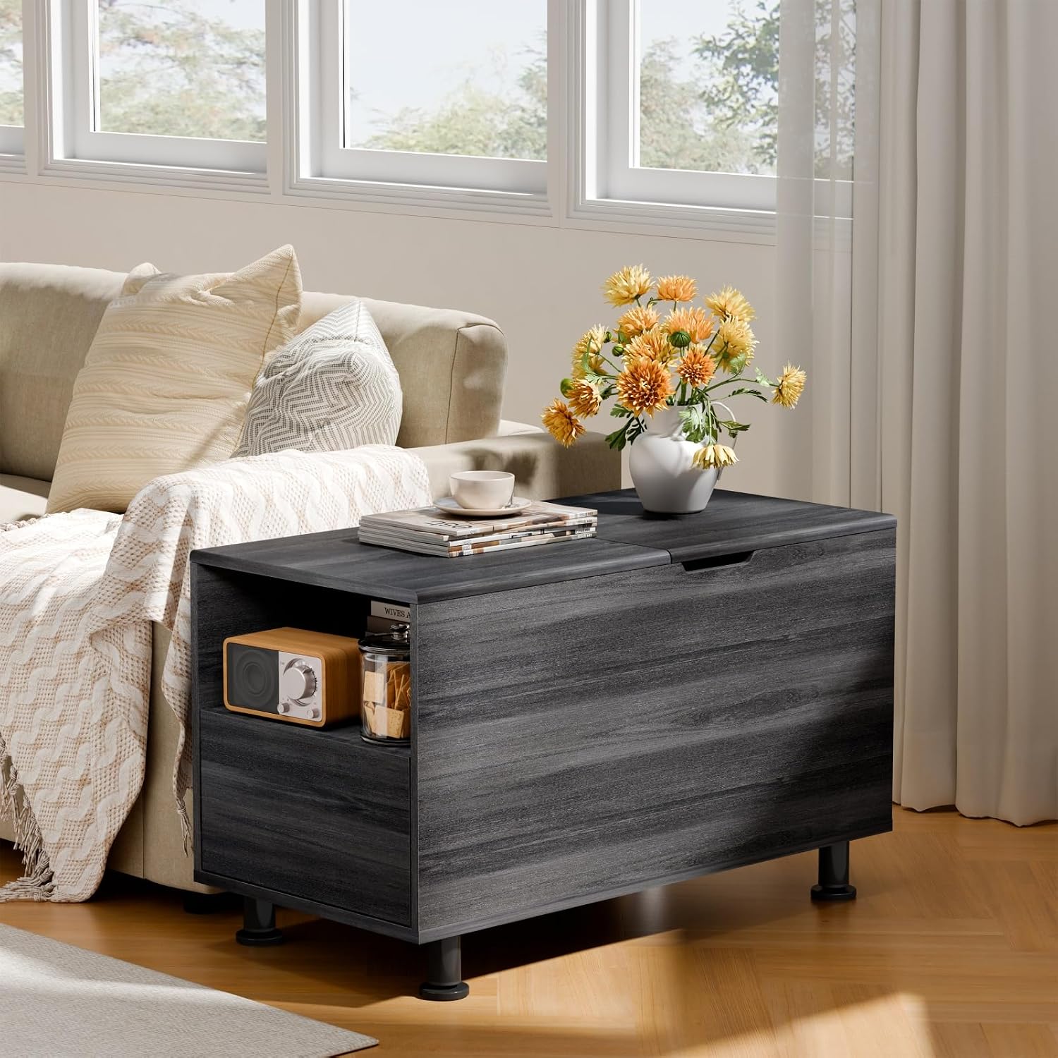 Rresyet Adjustable Height End Table with Large Cube Storage, Drawer & Open Shelf - 15.8' Modern Nightstand, Minimalist Sofa Side Table for Living Room, Bedroom, Office (2, Black)