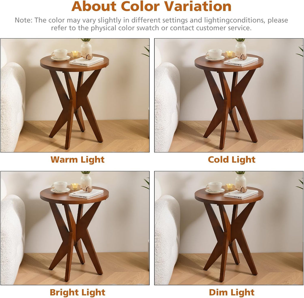 Ahokua Mid-Century Modern Round End Table Set of 2, Walnut Brown Farmhouse Side Tables with MDF Top and Crossed Legs for Living Room, Bedroom, or Small Spaces