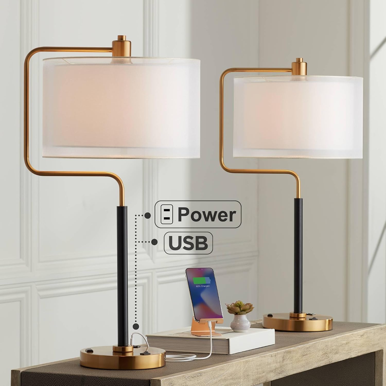 Possini Euro Design Carlyle 30 1/2' Tall Large Mid Century Modern Glam Luxe Desk Lamps Set of 2 USB Port AC Power Outlet Gold Black Metal White Shade Home Office Living Room Charging Bedroom Bedside