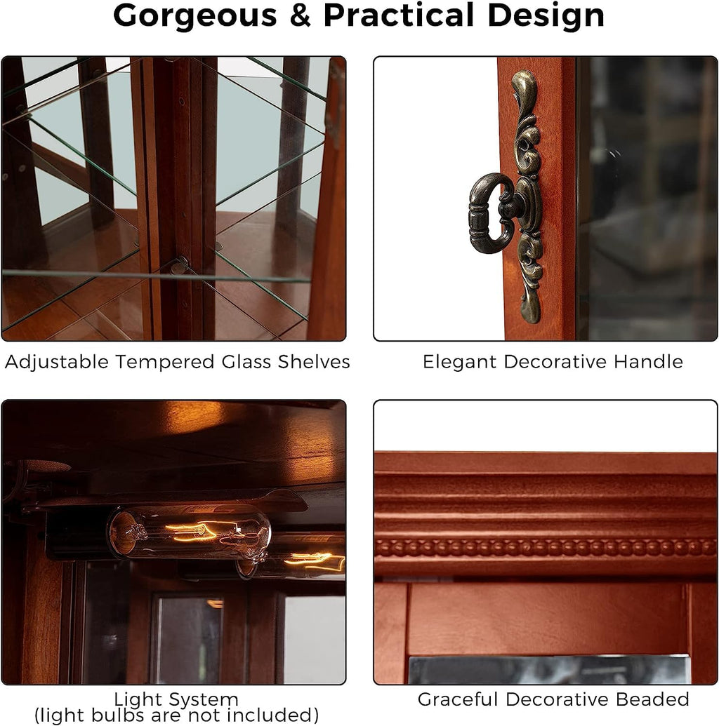 czczgx Lighted Wooden Corner Display Curio Cabinet, Curved Shelving Unit with Adjustable Shelves and Mirrored Back Panel, Tempered Glass Doors for Bedroom, Living Room (Walnut, Corner Shape)