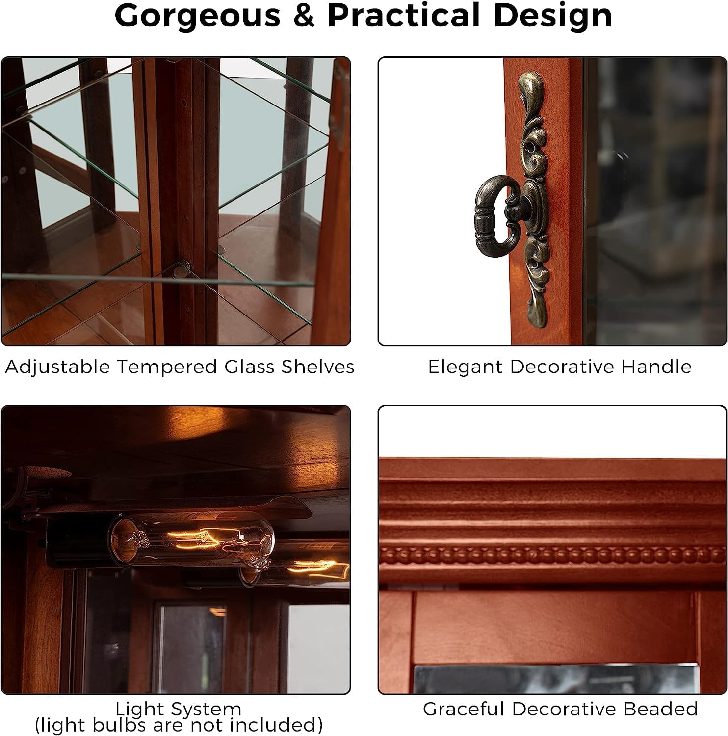 czczgx Lighted Wooden Corner Display Curio Cabinet, Curved Shelving Unit with Adjustable Shelves and Mirrored Back Panel, Tempered Glass Doors for Bedroom, Living Room (Walnut, Corner Shape)