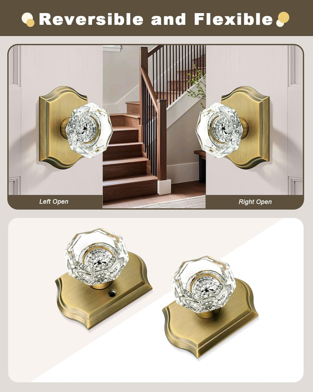Gobrico Heavy Duty Crystal Glass Door Knobs 6 Pack,Passage Function for Interior Room,Keyless Snowflake Crystal Door Handles for Hall Closet Pantry,Antique Brass Finish