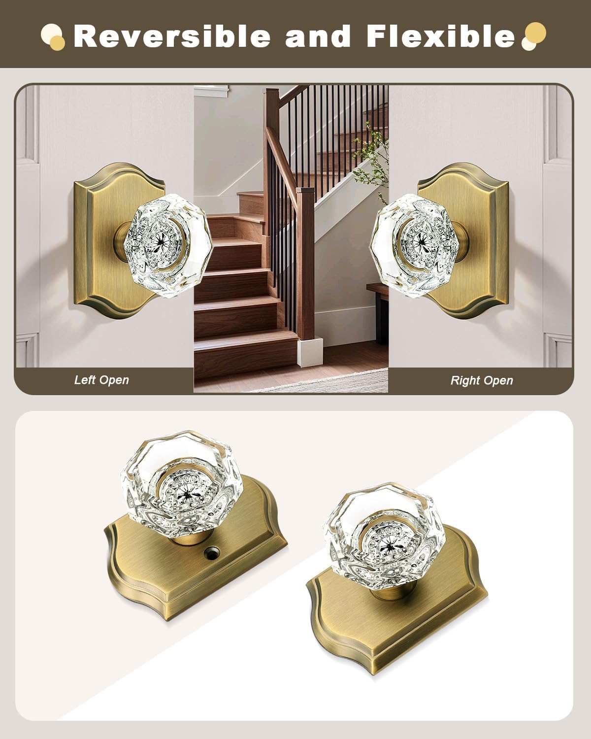 Gobrico Heavy Duty Crystal Glass Door Knobs 6 Pack,Passage Function for Interior Room,Keyless Snowflake Crystal Door Handles for Hall Closet Pantry,Antique Brass Finish