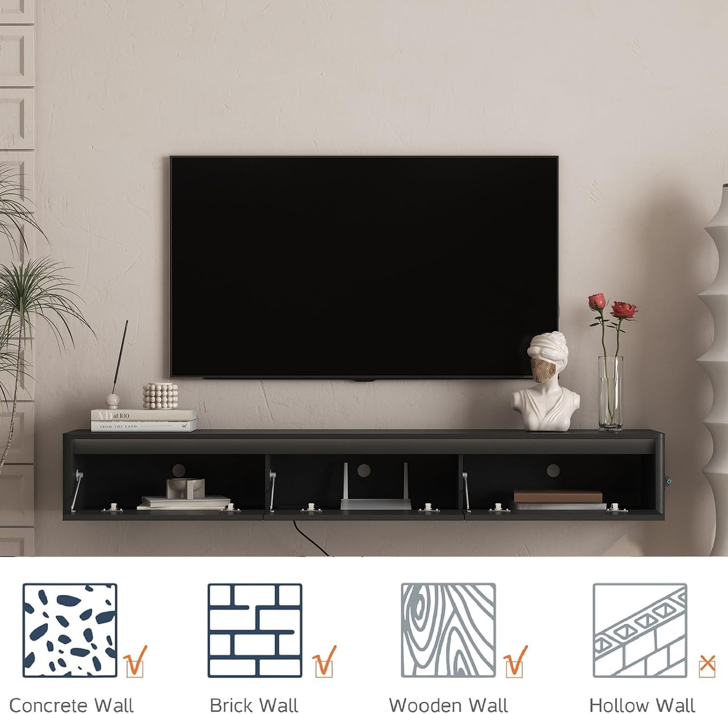 Floating TV Stand, Wall Mounted TV Shelf with LED Lights & Power Outlet, 69' Modern Entertainment Center Media Console with Storage, High Gloss TV Cabinet for Living Room（Black）