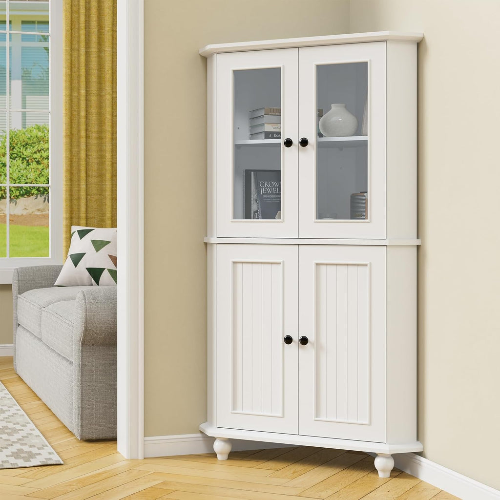 Tall Corner Cabinet with Glass Doors, White Corner Shelf for Living Room | Tempered Glass, Painted, Adjustable Shelves, Roman Column Legs, Anti-Tipping Device, Assembly Required, Large Storage Space