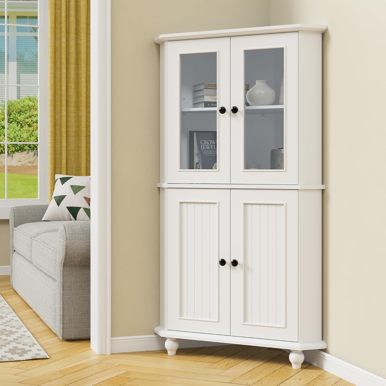 Tall Corner Cabinet with Glass Doors, White Corner Shelf for Living Room | Tempered Glass, Painted, Adjustable Shelves, Roman Column Legs, Anti-Tipping Device, Assembly Required, Large Storage Space