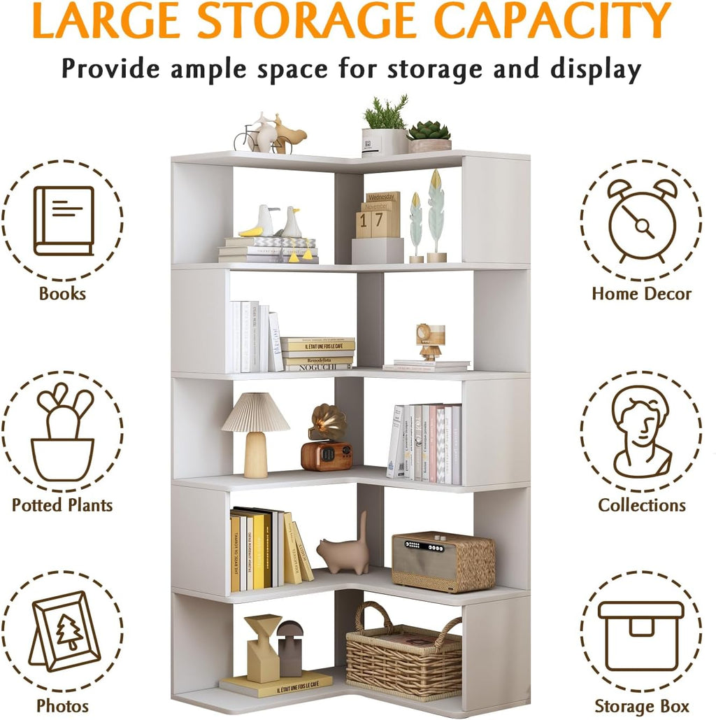 IOTXY 6-Tier L-Shaped Corner Bookshelf - 66' Tall Wooden Freestanding Bookcase with Open Shelf Units, White