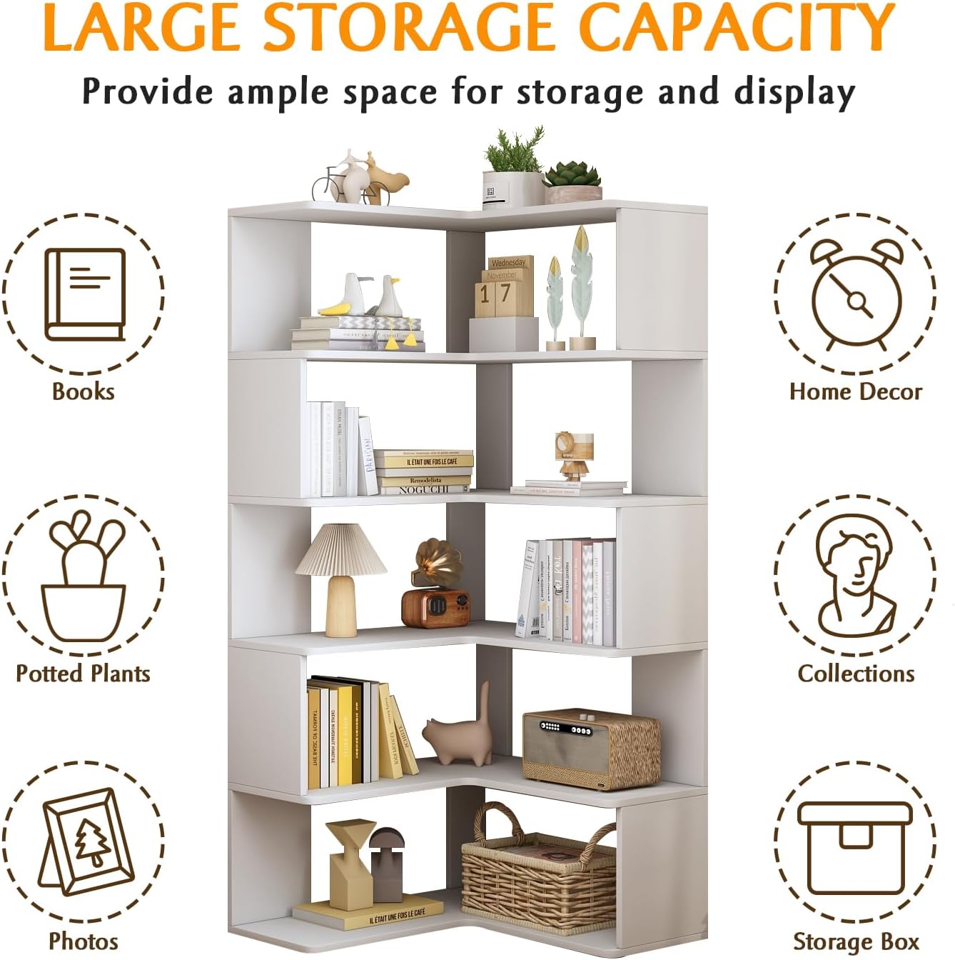 IOTXY 6-Tier L-Shaped Corner Bookshelf - 66' Tall Wooden Freestanding Bookcase with Open Shelf Units, White
