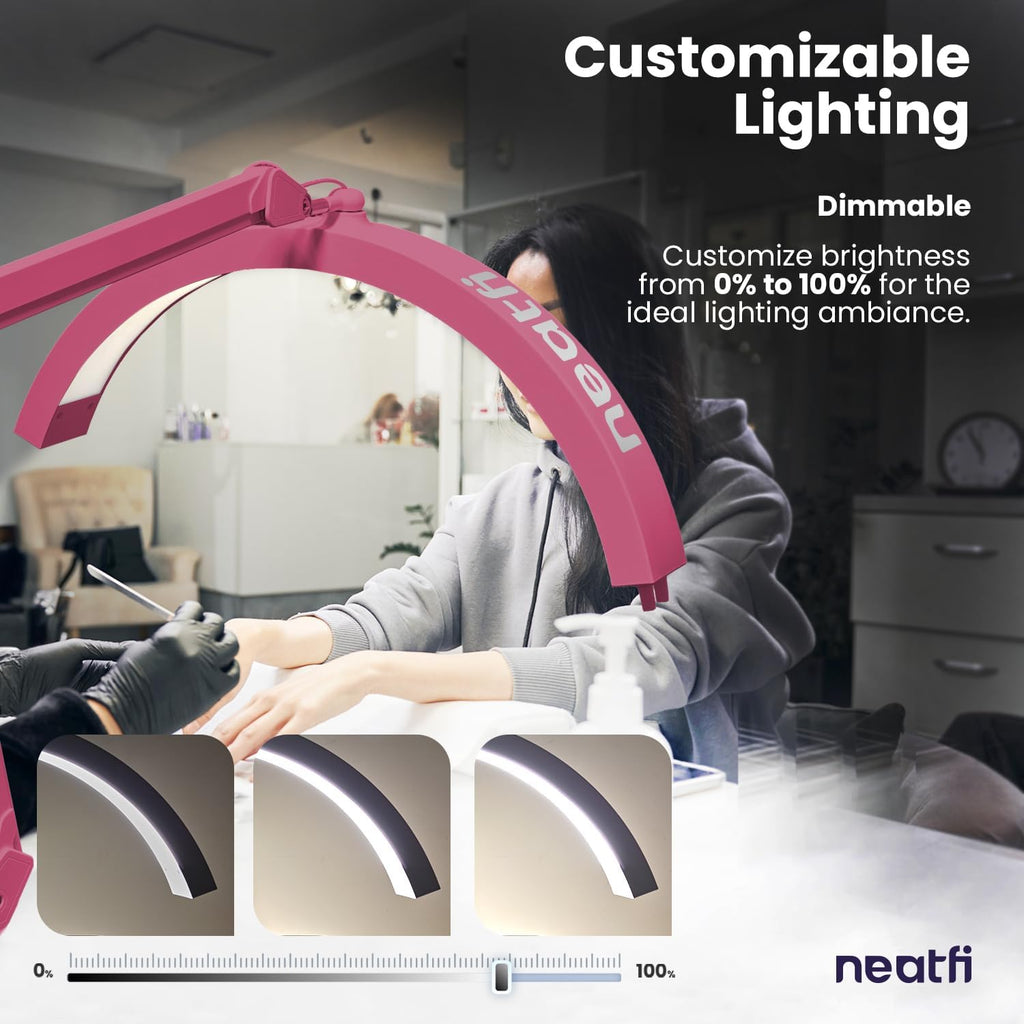Neatfi Half Moon LED Table Lamp for Estheticians & Nail Techs – 2,500 Lumens | 5 Light Modes | Professional Task Lamp for Facial, Waxing, Threading & Tattoo (Pink, CCT with Clamp)