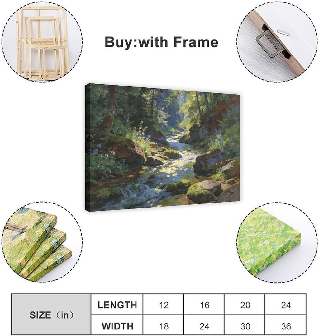 Forest Stream Wall Art Print, Sunlit Woodland Creek And Mossy Rocks Landscape Painting, Nature Poster for Living Room Bedroom Cabin Decor 24x36inch(60x90cm)