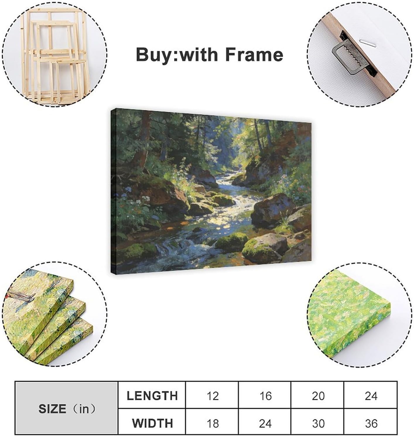 Forest Stream Wall Art Print, Sunlit Woodland Creek And Mossy Rocks Landscape Painting, Nature Poster for Living Room Bedroom Cabin Decor 24x36inch(60x90cm)