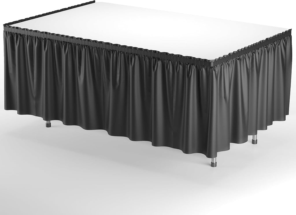 Exquisite Black Table Skirt 48 Pack - Disposable Plastic Table Skirts for Rectangle Tables 6ft 8ft & Round Tables - 29in x 14ft Self-Adhesive Strip - Birthday Wedding Gender Reveal Decor