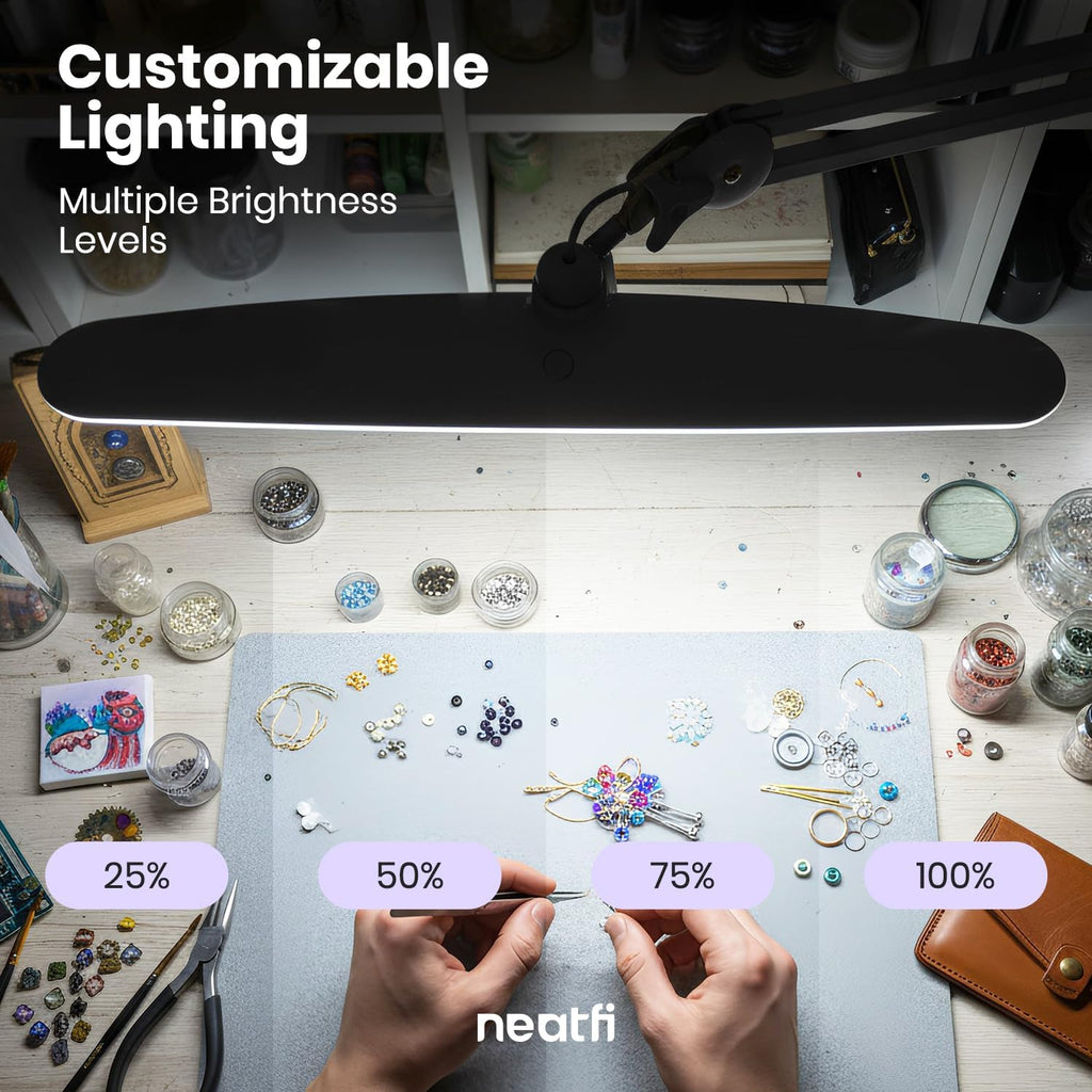 Neatfi XL 2,200 Lumens 24W LED Desk Lamp – 23' Wide Shade | Dimmable Eye-Caring Task Light | Adjustable Arm | Home Office, Study, Crafts & Nail Tech (Black, Non-CCT with Clamp)