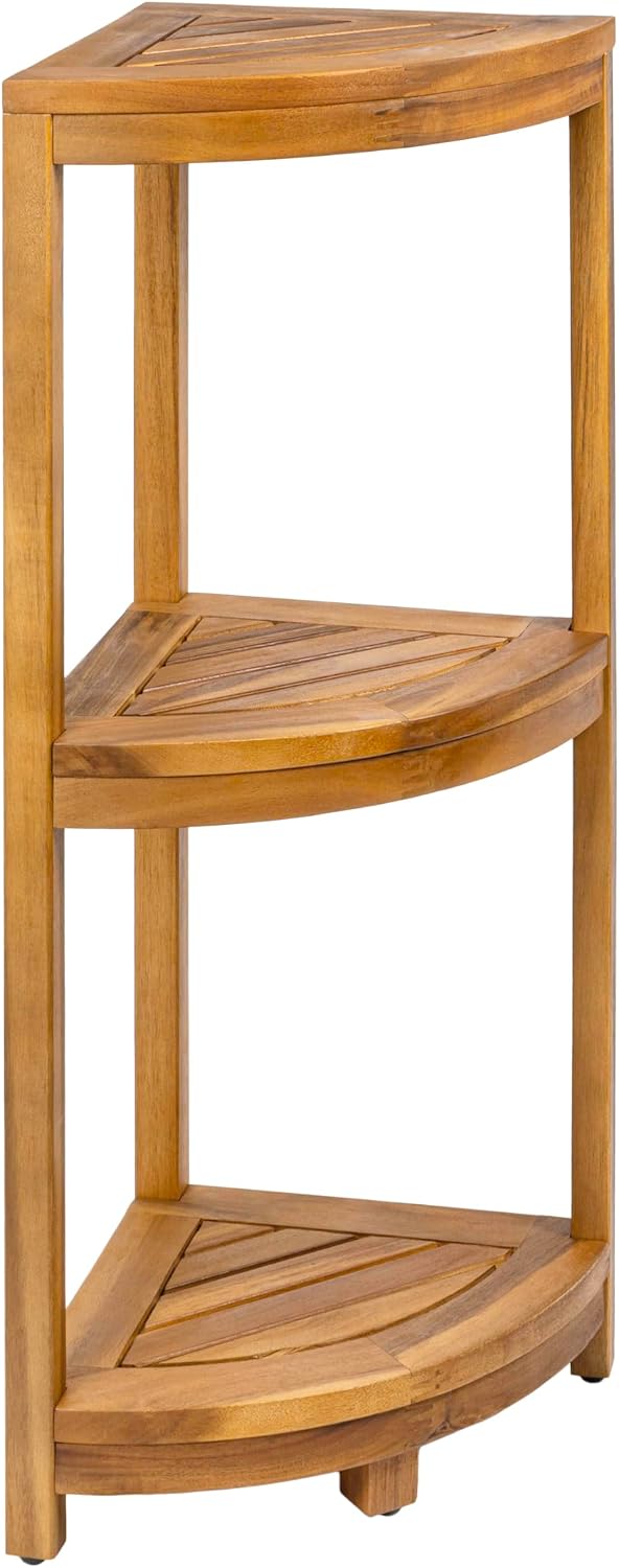 Eyely FHS1000A Etsim 33' Classic Minimalist 3-Tier Acacia Wood Freestanding Bathroom Corner Shelf, Shower Organizer, Storage Rack for Bath, Office, Kitchen Desktop, Natural