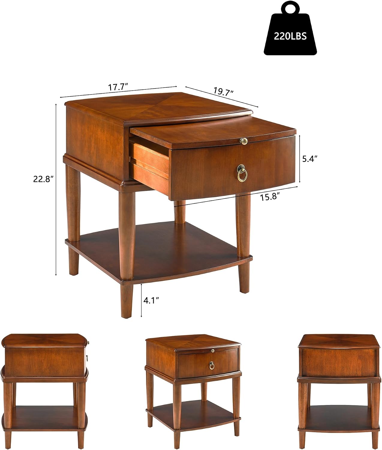 2 Tier Solid Wood Square End Table with Drawer, Wooden Sofa Side Table with Pull-Out Tray & Lower Shelf, Nightstand Bedside Table for Living Room Bedroom, 19.7x17.7x22.8in