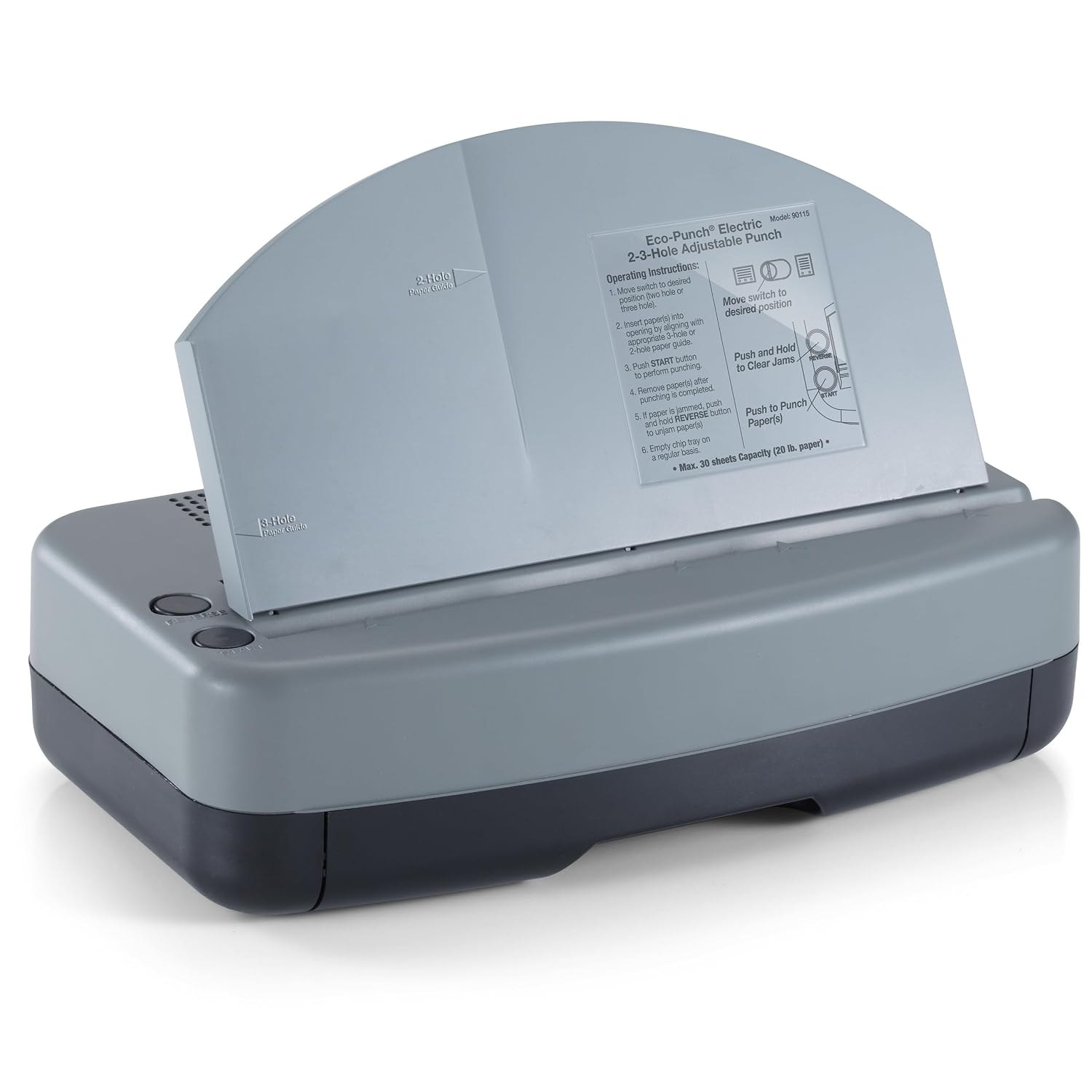 Officemate Electric 2-3 Hole Punch, Adjustable Desktop Eco-Punch, 30-Sheet Capacity, Built-in Paper Guide, Chip Tray & AC Adapter, Gray/Black (90115)