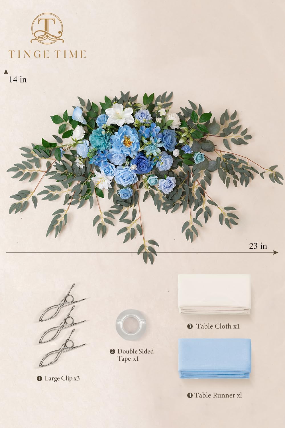 TINGE TIME Artificial Sweetheart Flower Swag with Tablecloth and Table Runner, Pack of 3 Floral Arrangement for Wedding Sweetheart Table Centerpiece Decoration Valentine's Day (Provence Blue)
