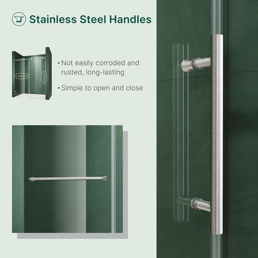 ELEGANT Frameless Sliding Shower Door 60' W x 72' H, Adjustable 56-60' Width, 5/16' (8mm) Tempered Glass, Stainless Steel Towel Bar, Brushed Nickel Finish