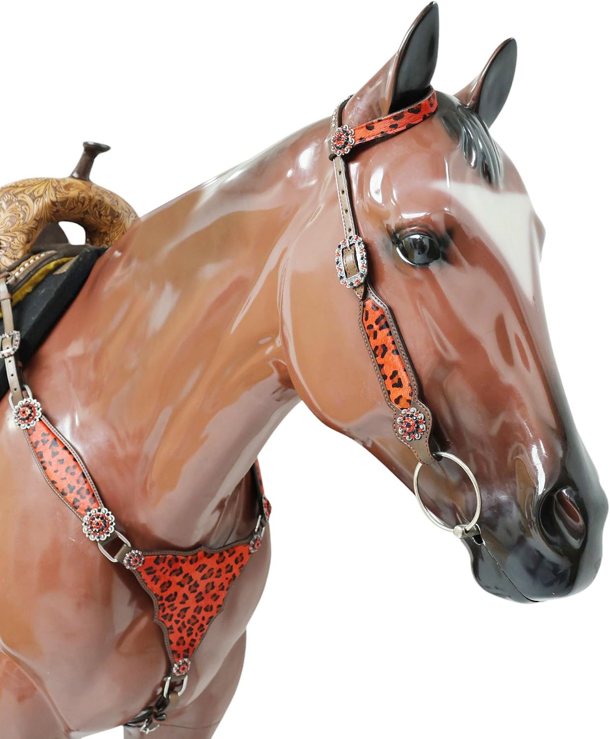 Cheetah Headstall & Breast Collar Tack Set – Gladiator Style with Leopard Print on Leather | Genuine Argentine Cow Leather | Antique Nickel Hardware & Copper Rivet Buckles