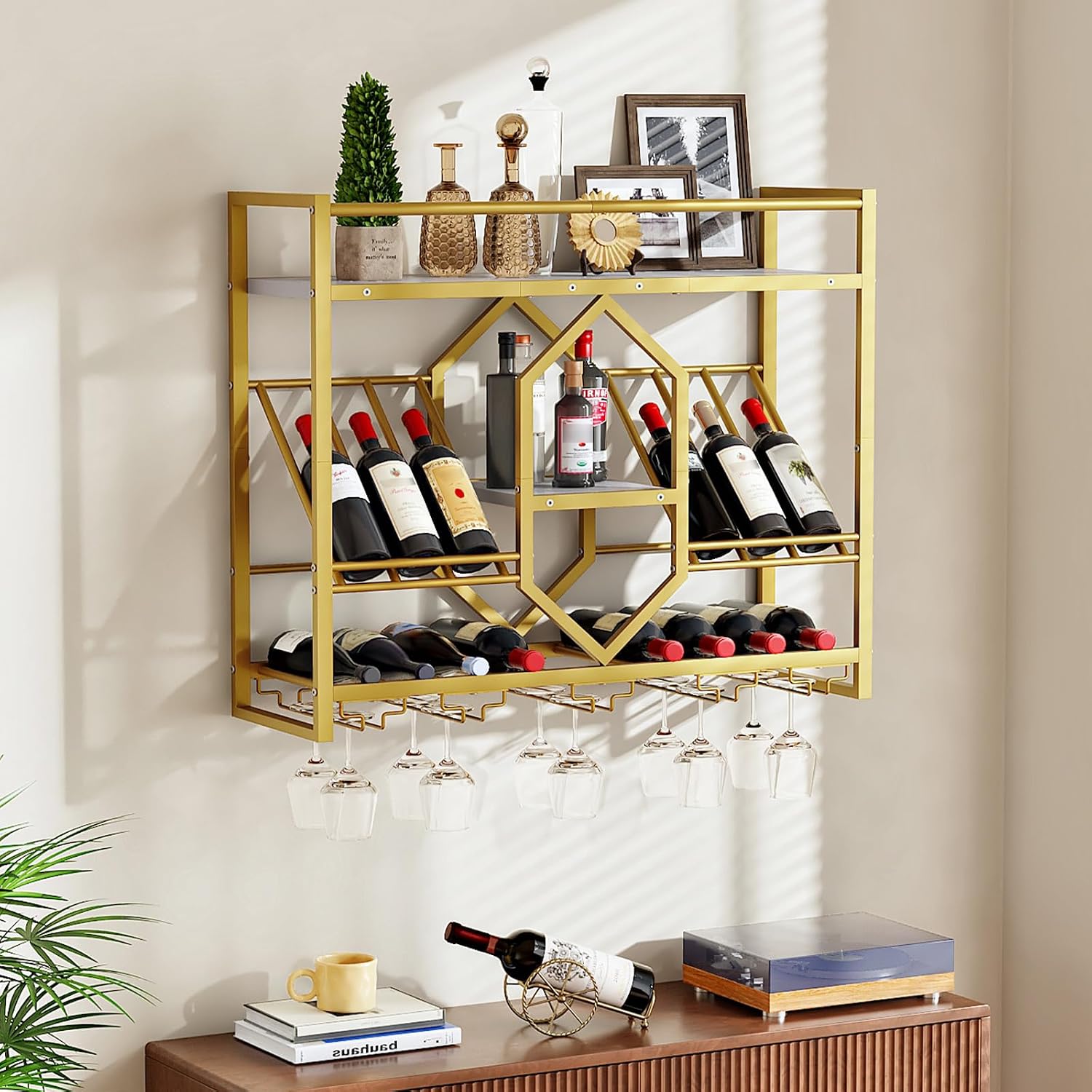 HOOBRO Corner Shelf Wall-Mounted, Set of 2 Floating Corner Shelves for Wall, Wine Glass Bottle Rack Stemware Holder, Hanging Bar Liquor Bottle Display Shelf for Living Room WT25BJP201-DW73DBJ01