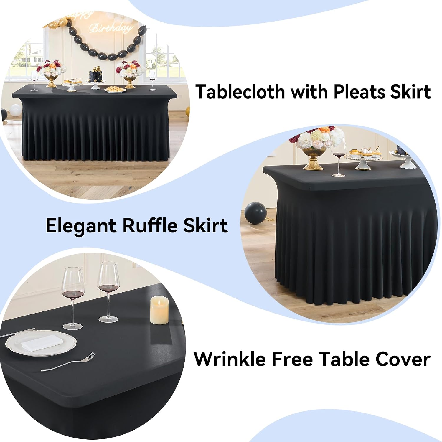 12 pk Black Spandex Tablecloth 8ft with Ruffled Skirt,Wrinkle Free High Stretch Fitted Tablecloths for 8 Foot Rectangle Tables,Pleated Elastic Spandex Table Covers 8ft for Parties Wedding Banquet