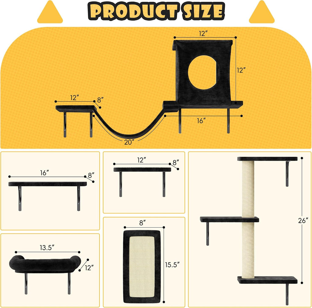 12-in-1 Cat Wall Shelves, Wall Mounted Cat Climber with Condo House, Scratching Post, Bridge Ladder, Space-Saving Indoor Play Furniture for Kittens, Black