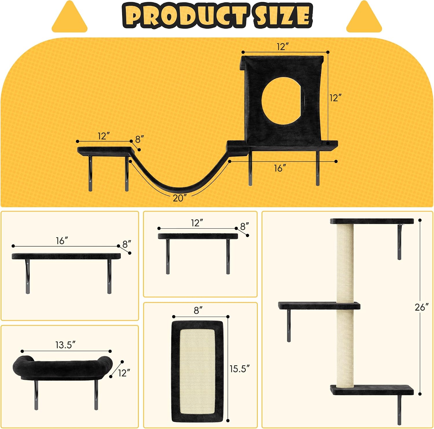 12-in-1 Cat Wall Shelves, Wall Mounted Cat Climber with Condo House, Scratching Post, Bridge Ladder, Space-Saving Indoor Play Furniture for Kittens, Black