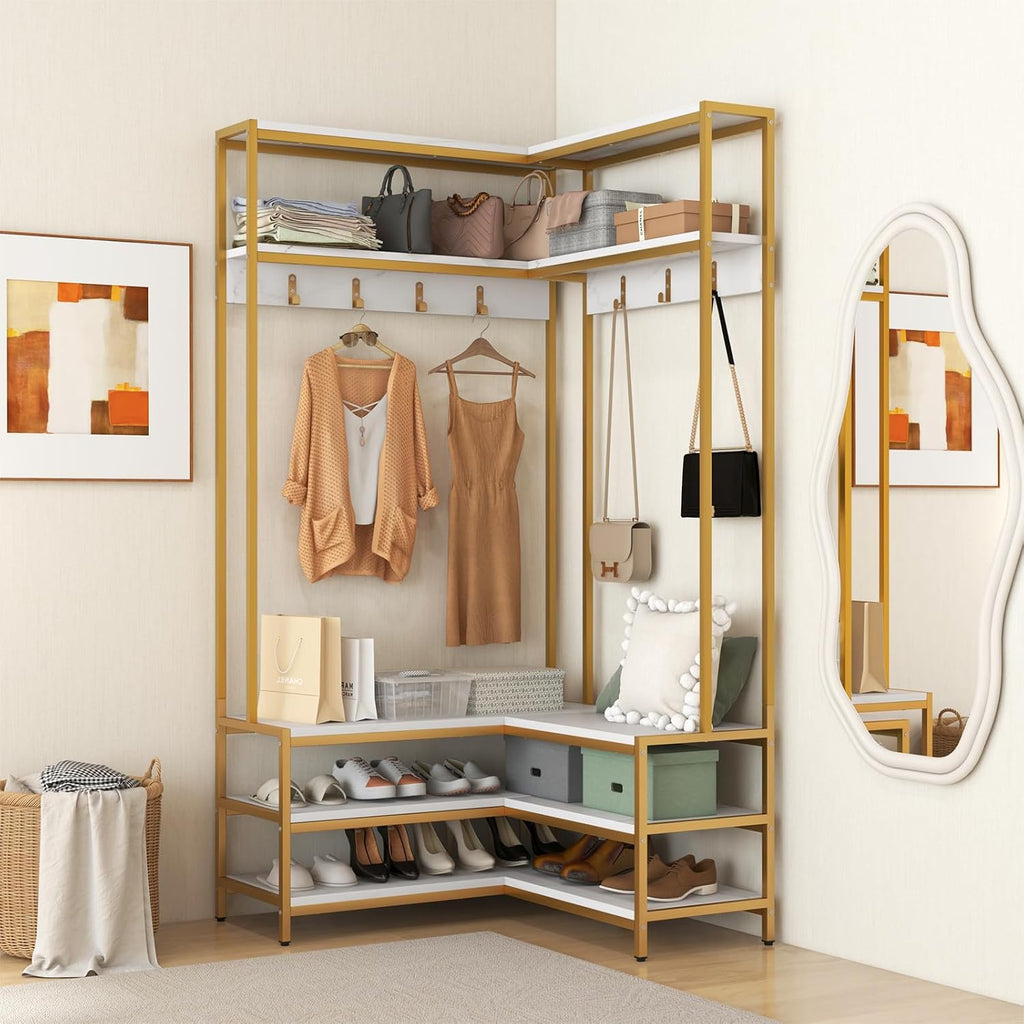 Tangkula Corner Hall Tree, 70 Inch Coat Rack with Bench and Shoe Storage, Entryway Furniture with 7 Hooks, Heavy Duty Metal Frame, Space Saving Clothes Rack Shoes Shelf Organizer (White)
