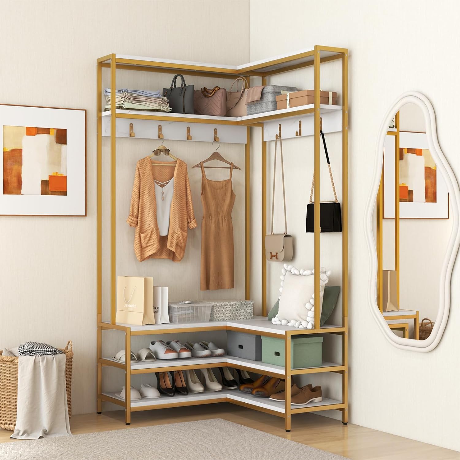 Tangkula Corner Hall Tree, 70 Inch Coat Rack with Bench and Shoe Storage, Entryway Furniture with 7 Hooks, Heavy Duty Metal Frame, Space Saving Clothes Rack Shoes Shelf Organizer (White)