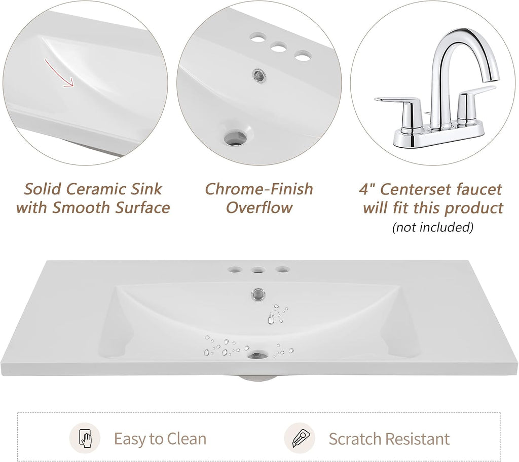 36' Ceramic Bathroom Vanity Sink Top, Modern White Vanity Top for cabinet with Triple Faucet Holes