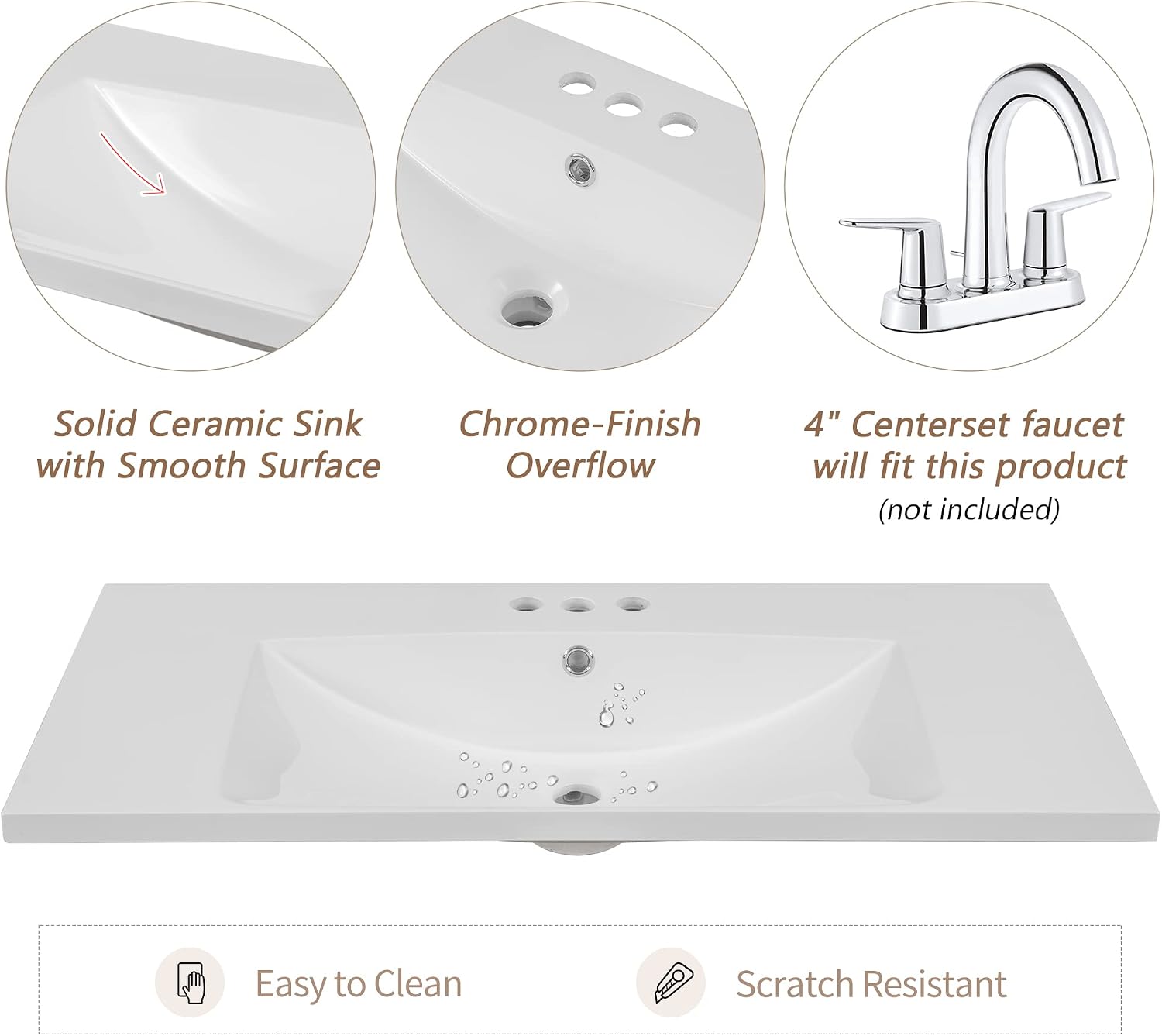 36' Ceramic Bathroom Vanity Sink Top, Modern White Vanity Top for cabinet with Triple Faucet Holes