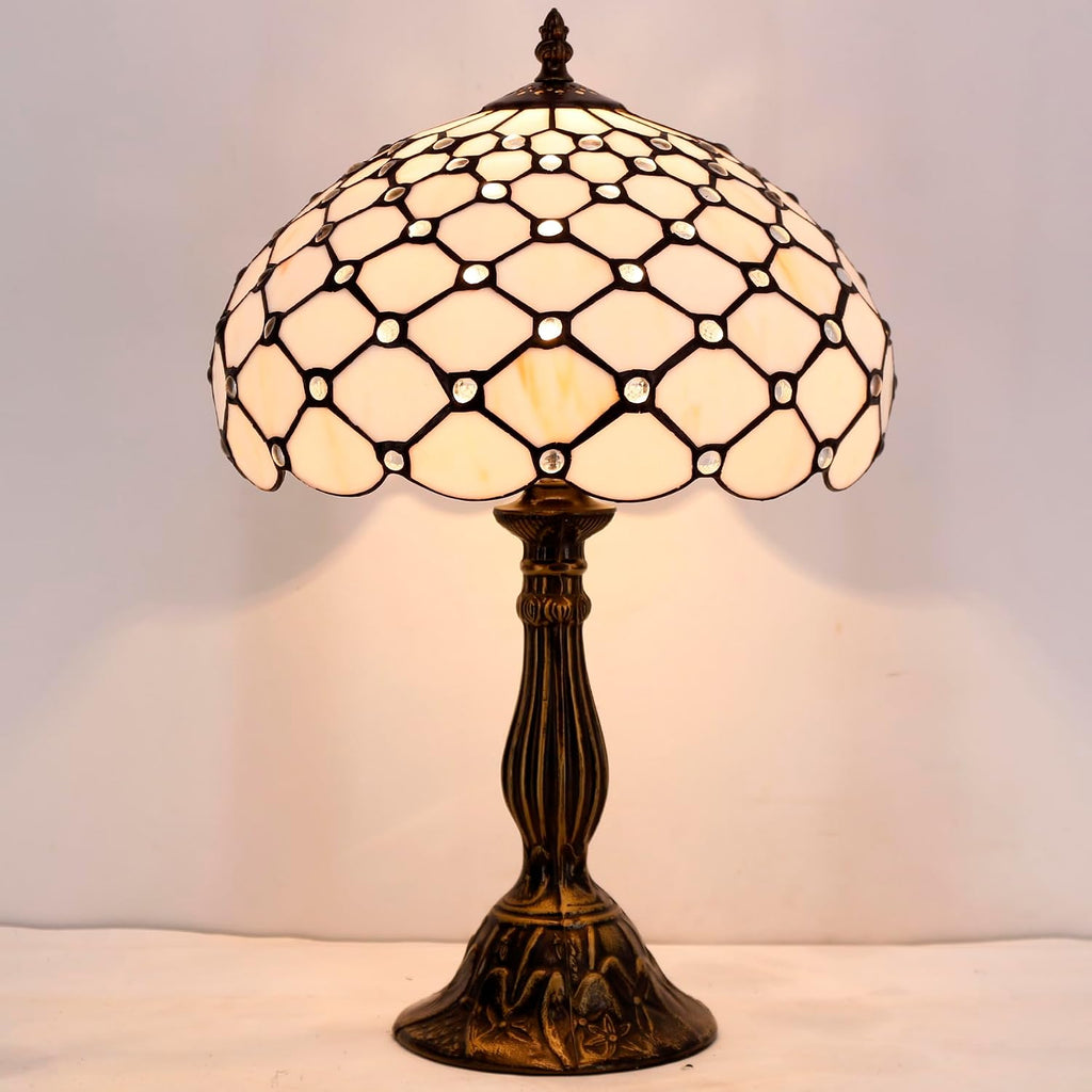 WERFACTORY Tiffany Lamp Cream Amber Stained Glass Bead Table Lamp Desk Bedside Reading Light 12X12X18 Inches Deco Bedroom Living Room Home Office S005 Series