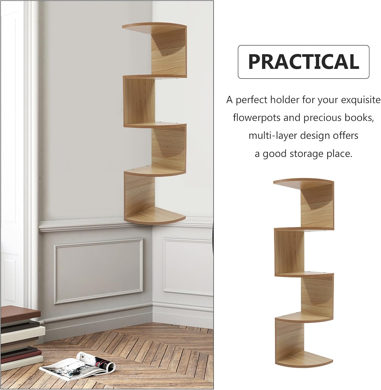 Wooden Wall-Mounted Storage Rack 5-Tier Corner Floating Shelf Light Walnut Multi-Layer Home Storage Organizer for Bedroom Living Room Decor