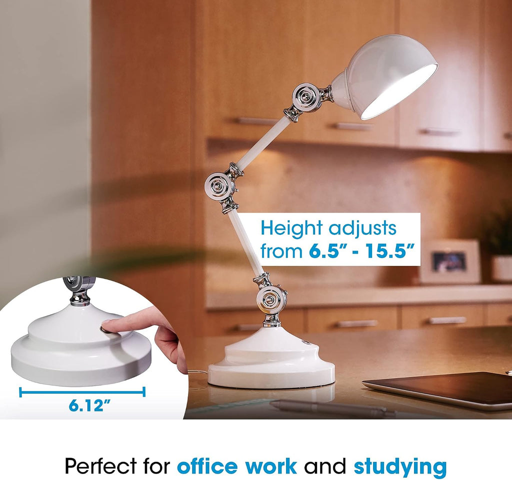 OttLite Prevention Pharmacy Adjustable LED Desk Lamp with USB Charging - Designed to Reduce Eyestrain, 3-Point Adjustable Neck, 3 Brightness Settings with Touch Controls