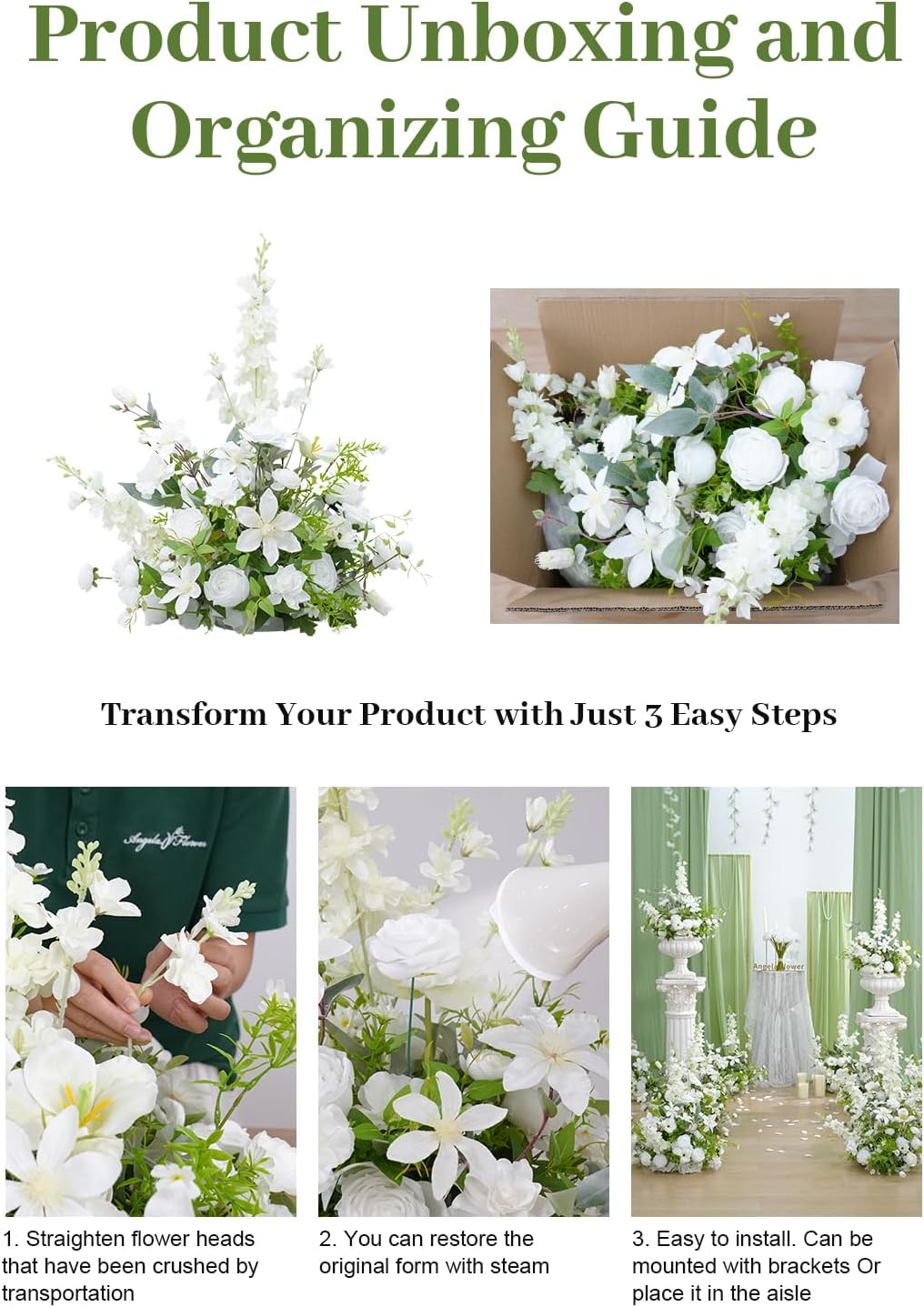 2pcs 19inch White Free Standing Flowers Ball Bouquet Artificial Rose Arrangements Balls for Wedding Centerpieces Tables Chair Aisle Runner Flowers Decor