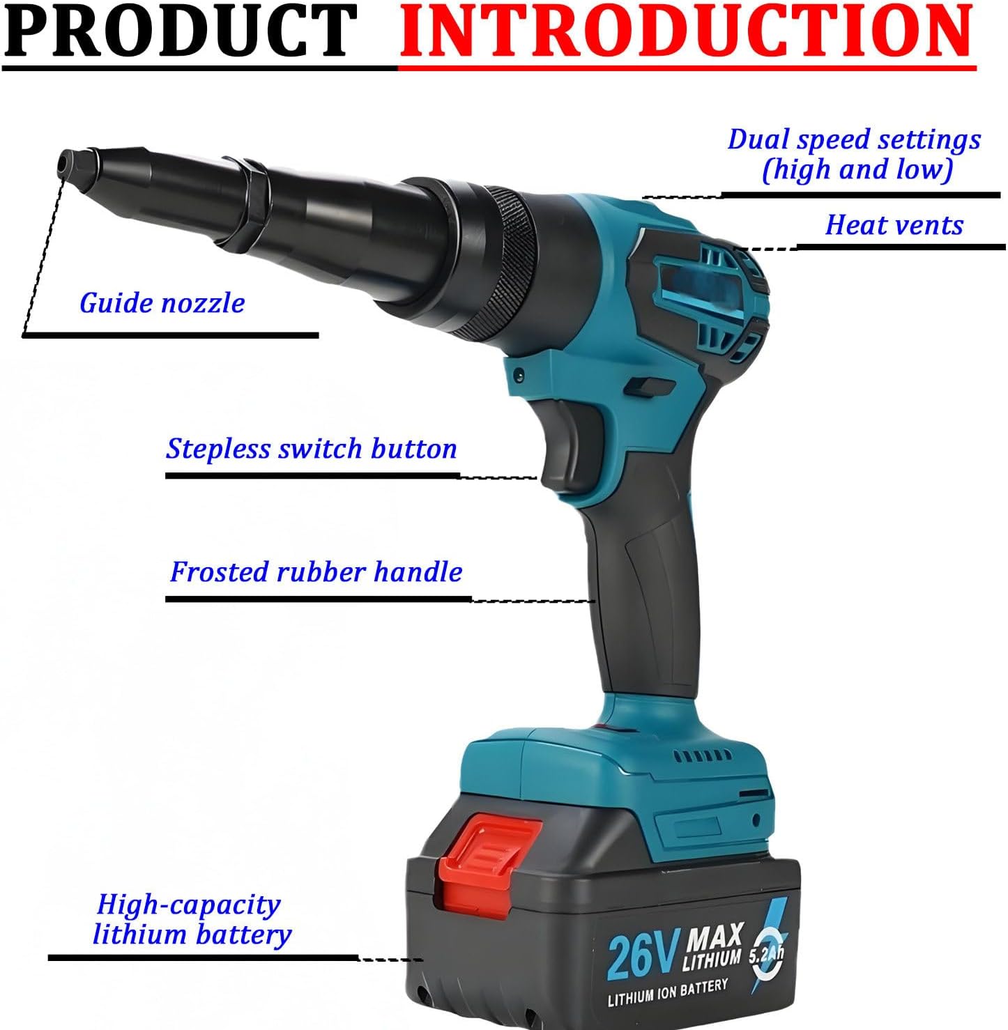 26V Cordless Electric Rivet Gun Brushless - Portable Battery Pop Rivet Tool Kit, Auto Reverse, Toolbox Storage, Fits 0.12-0.2in Rivets for Roofer, Gutter Installer & Mechanic Dual-useversion
