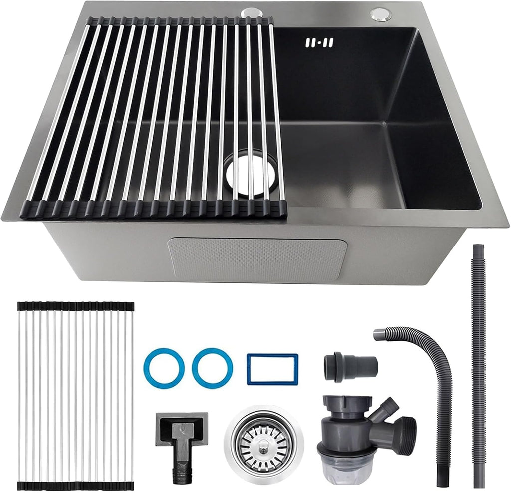 Stainless Steel Kitchen Sink, Small Single Bowl Sink, Topmount Compact Bar/Utility Sink With Tap Hole, Overflow & Drainer Kit, For Bar, Pub, RV, Campervan, Basement, Outdoor Use(Black,55x45cm)