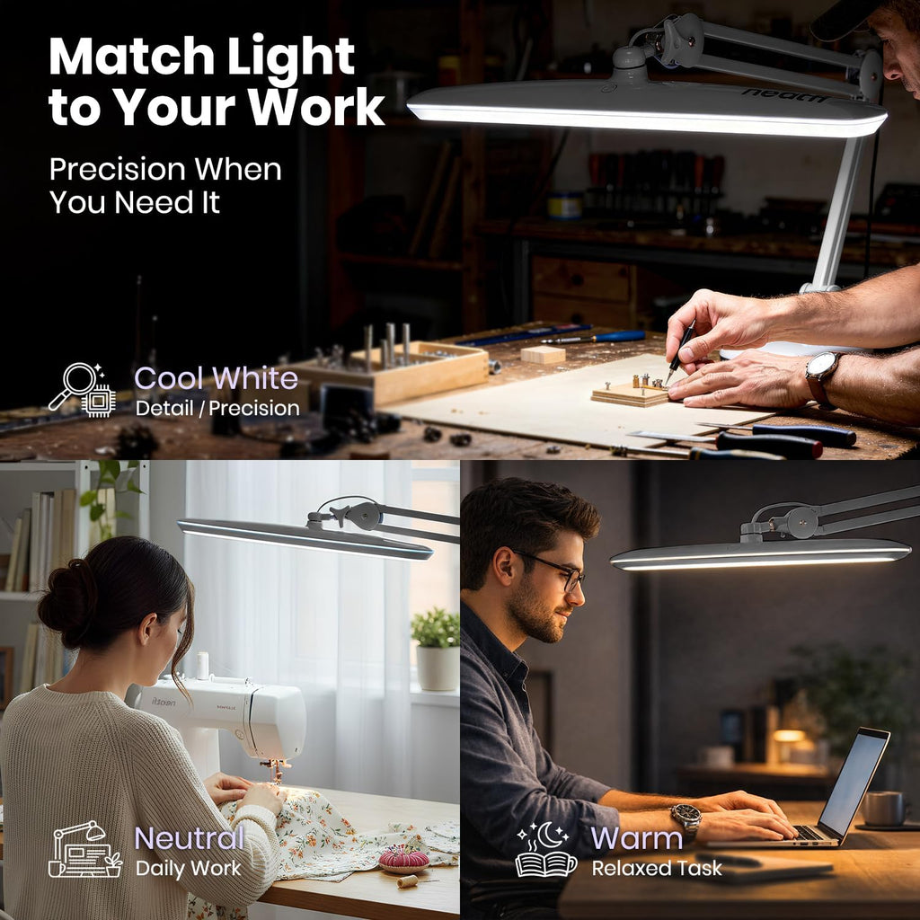 Neatfi XL 2,200 Lumens 20W LED Task Lamp – 23' Ultra-Wide Head | 182 SMD LEDs | 4 Brightness Levels | 3 Light Modes | Eye-Caring, Glare-Free | Adjustable Arm (Silver, CCT with Clamp)