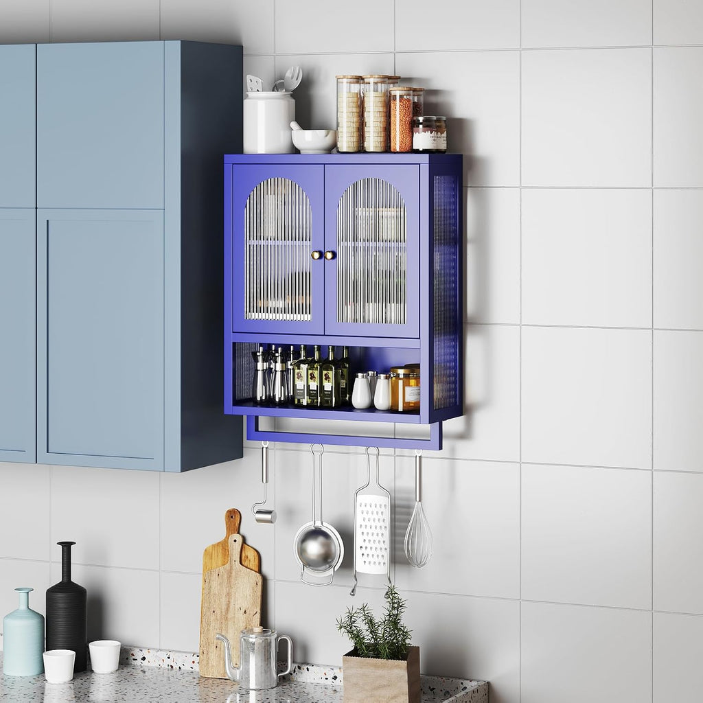 Modern Metal Wall Mount Bathroom Medicine Cabinet Above Toilet Storage with Fluted Glass Doors Towel Bar & Adjustable Shelves for Bathroom, Kitchen, Laundry Room, Dining Room, Blue